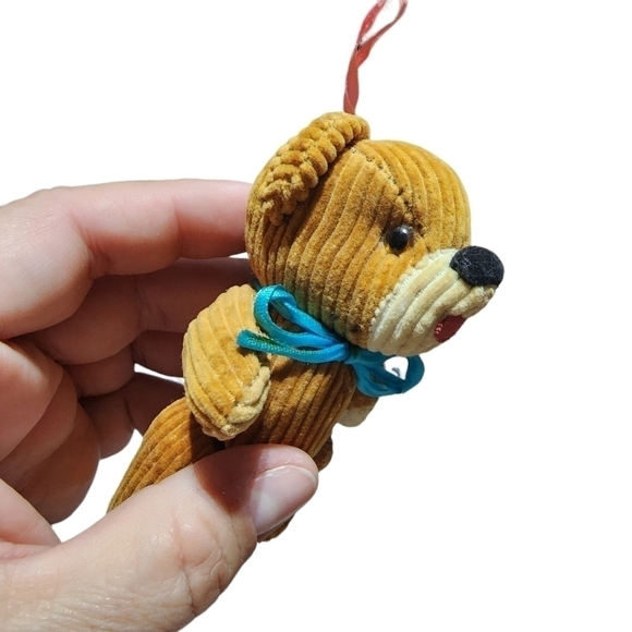 Vintage mini Corduroy bear ornament tan with blue bow moveable - Picture 10 of 13